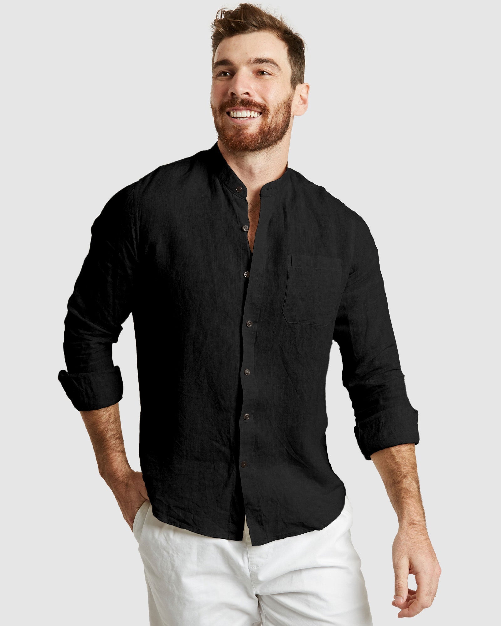 Palma-Casual Black Mandarin Collar Linen Shirt M / Black
