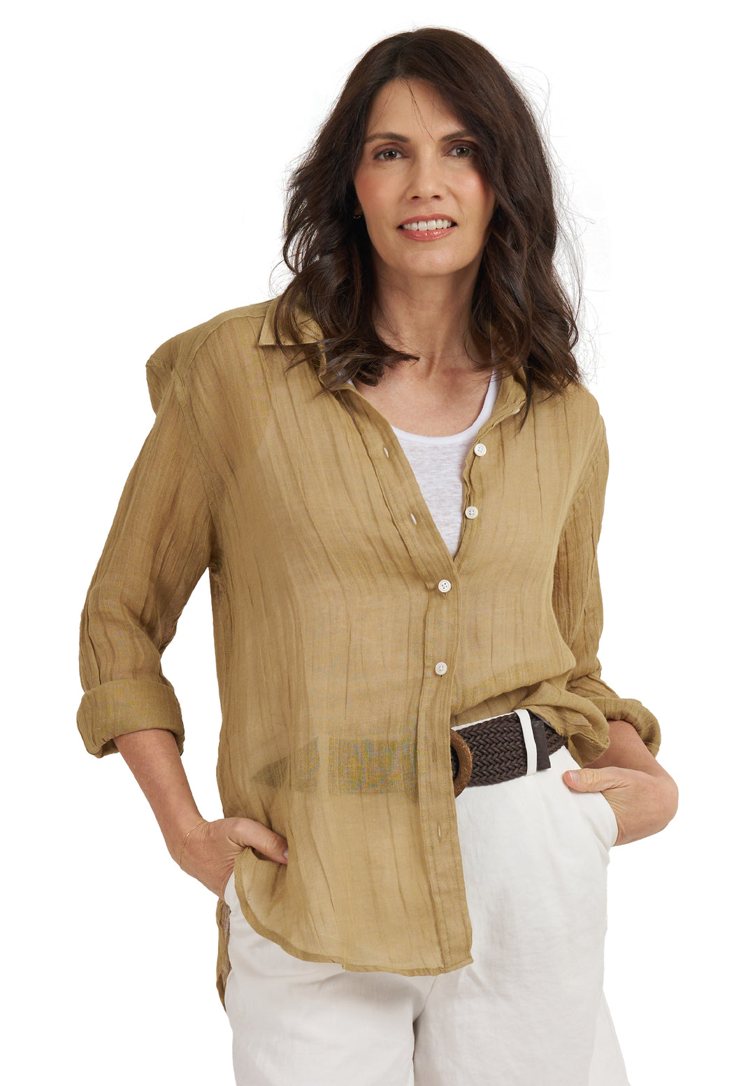 Crinkle-Shirt Khaki Oversized Linen Shirt