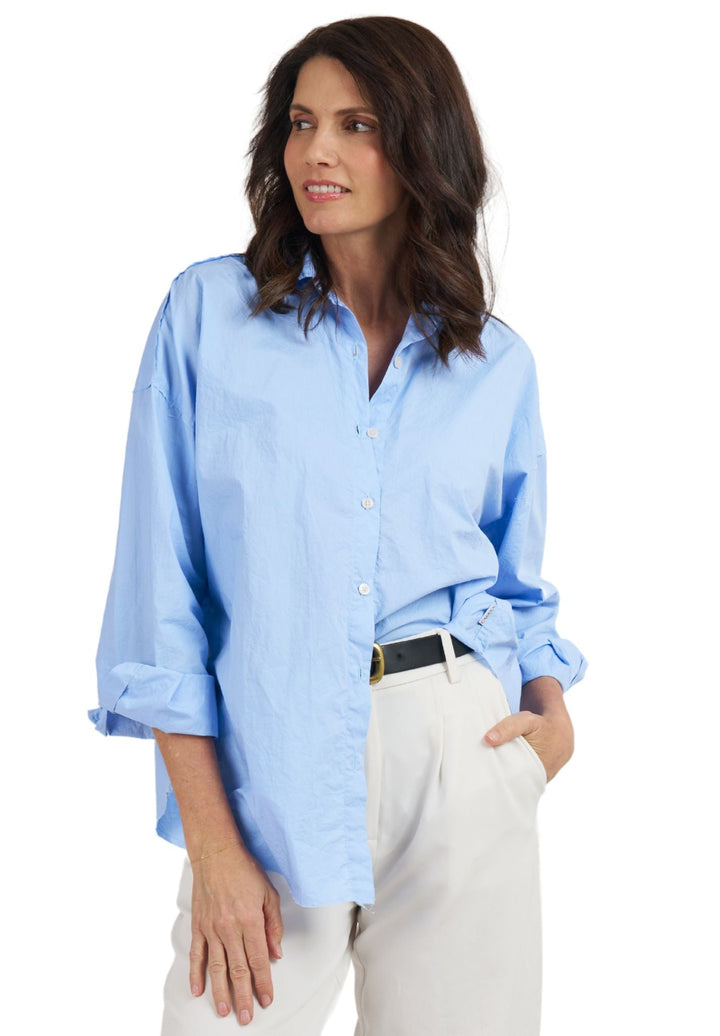 Exal-Cotton Sky Blue Oversized Frayed Edge Cotton Shirt