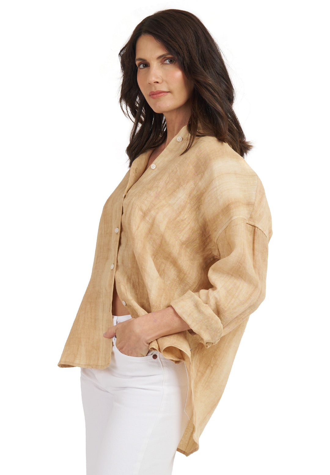 Exalina Beige Tie-Dye Crinkle Linen Shirt