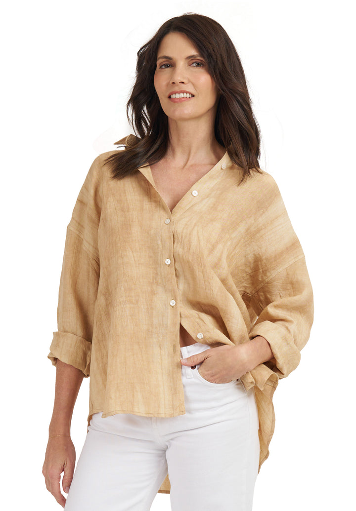 Exalina Beige Tie-Dye Crinkle Linen Shirt