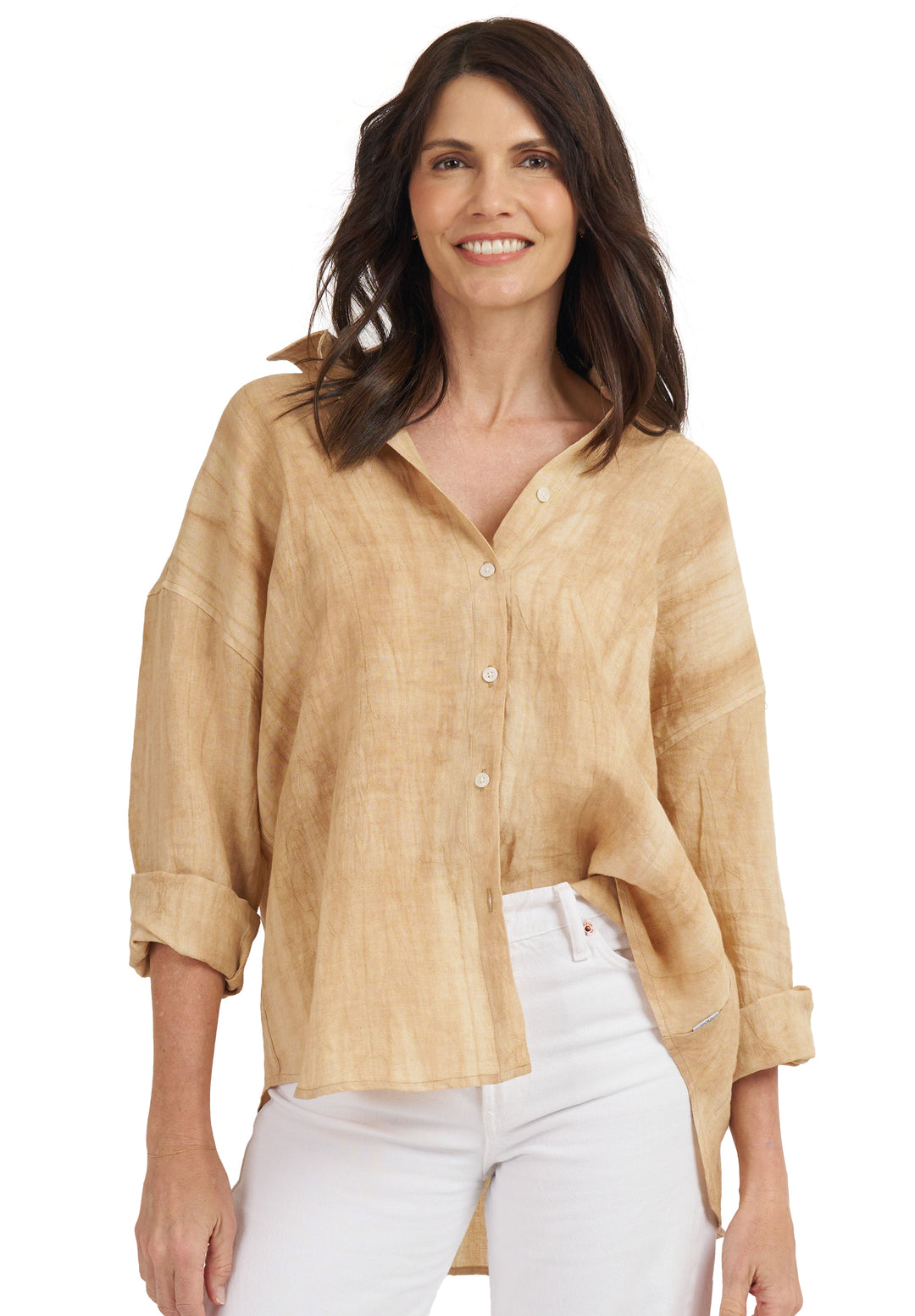 Exalina Beige Tie-Dye Crinkle Linen Shirt