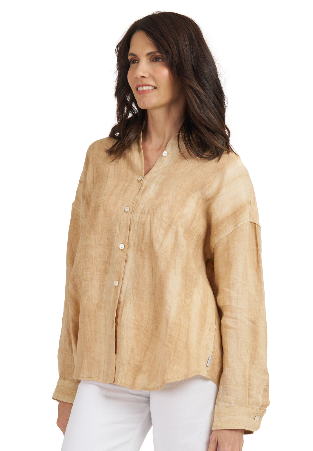 Exalina Beige Tie-Dye Crinkle Linen Shirt