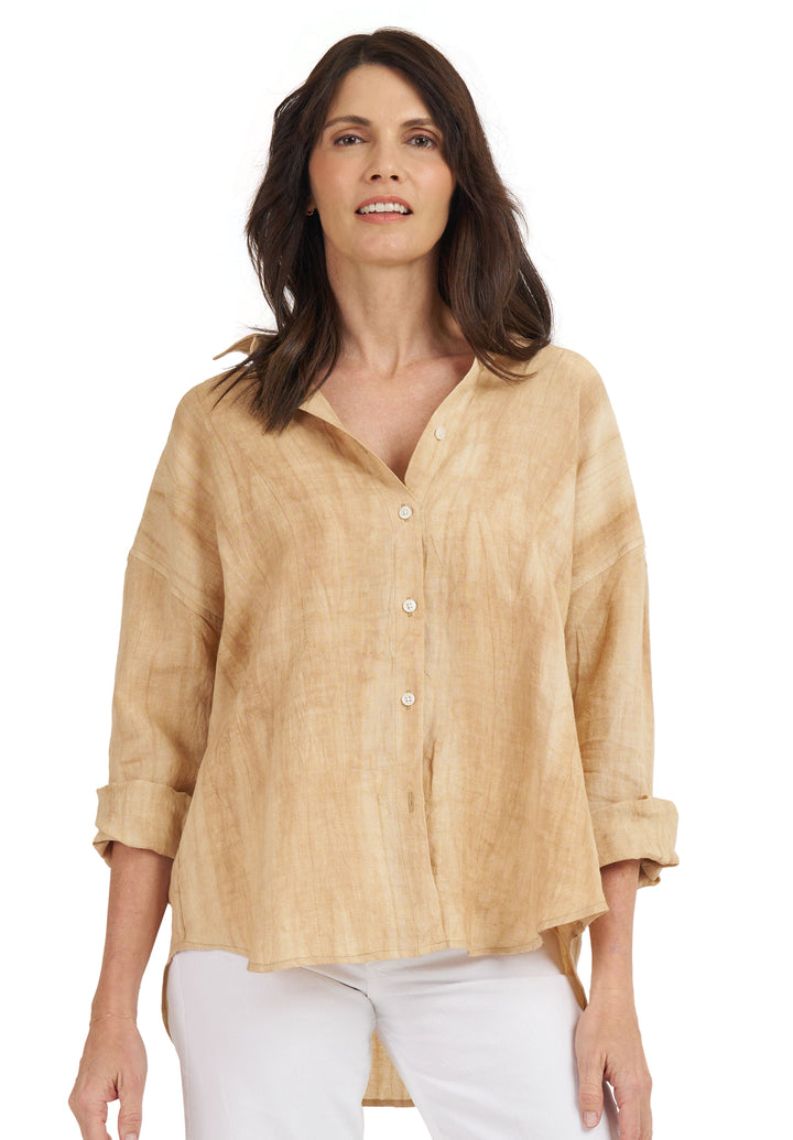 Exalina Beige Tie-Dye Crinkle Linen Shirt