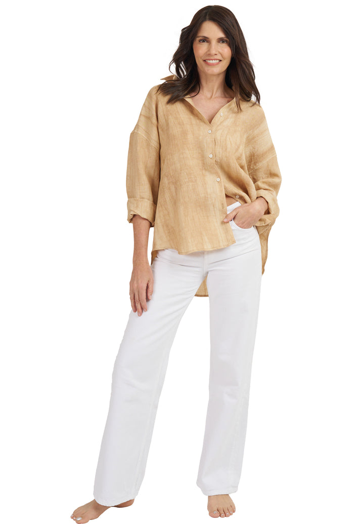 Exalina Beige Tie-Dye Crinkle Linen Shirt