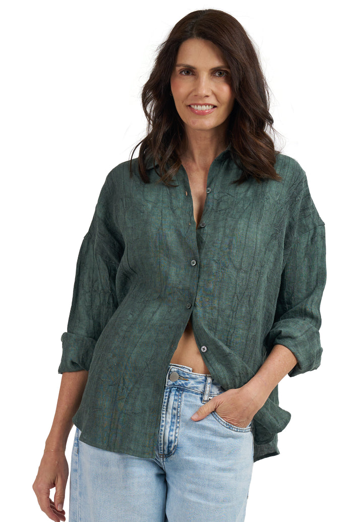 Exalina Green Tie-Dye Crinkle Linen Shirt