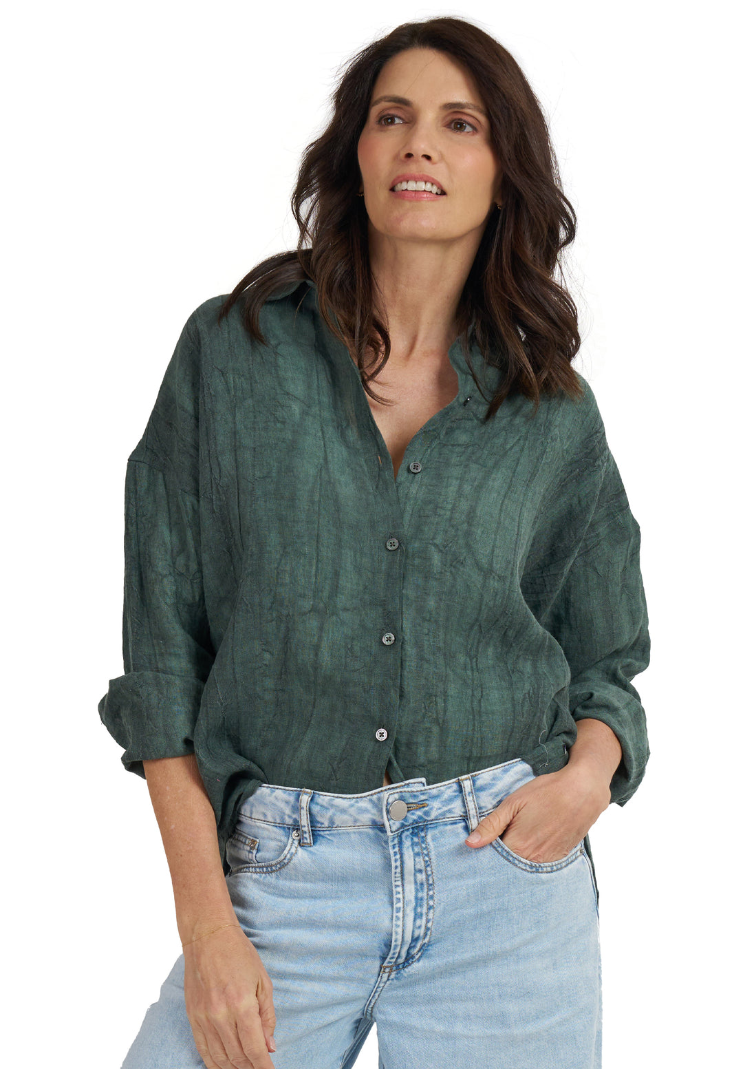 Exalina Green Tie-Dye Crinkle Linen Shirt