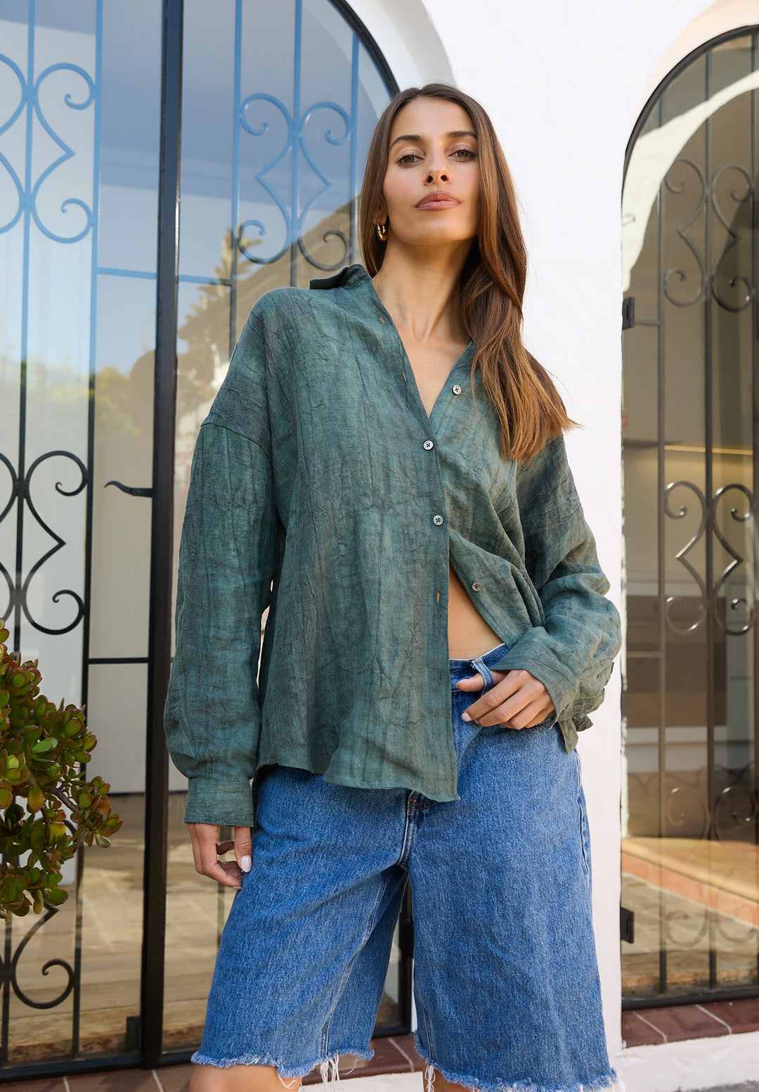 Exalina Green Tie-Dye Crinkle Linen Shirt