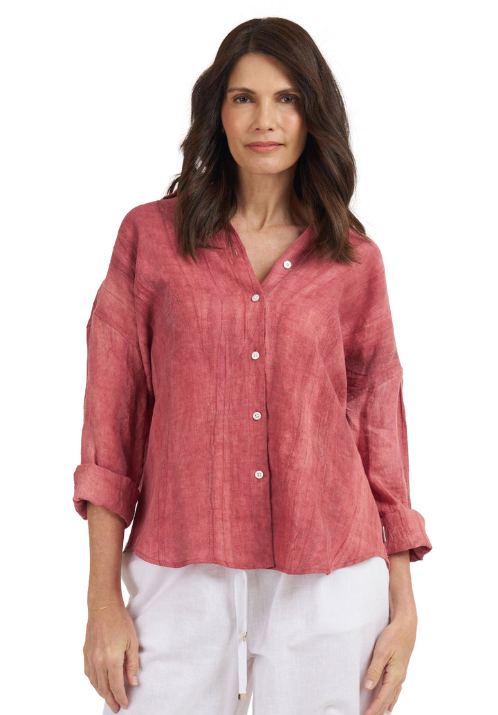 Exalina Washed Red Tie-Dye Crinkle Linen Shirt