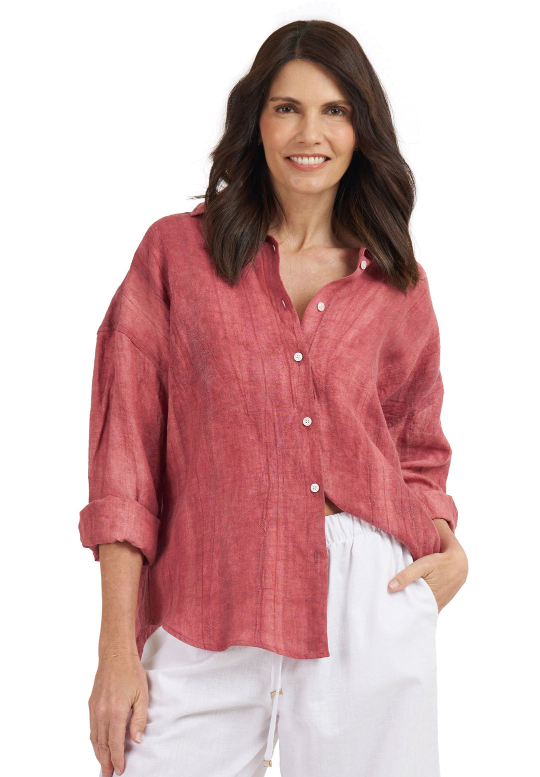 Exalina Washed Red Tie-Dye Crinkle Linen Shirt