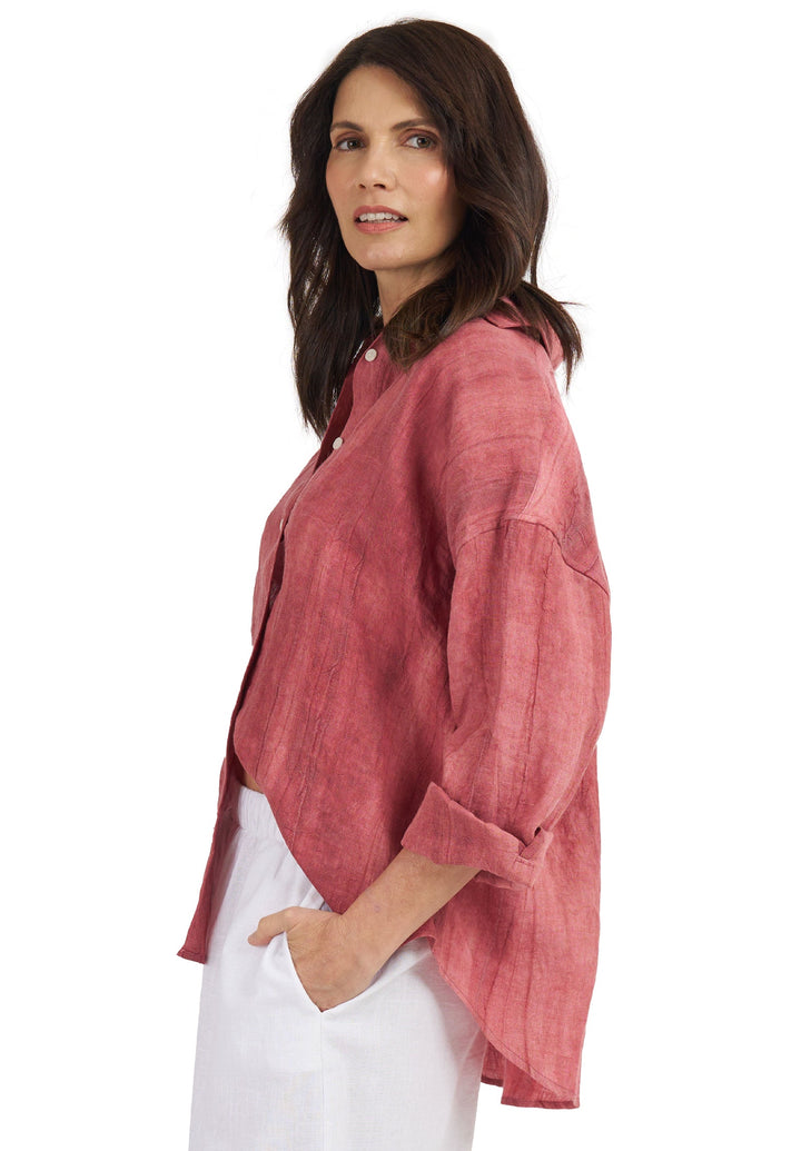 Exalina Washed Red Tie-Dye Crinkle Linen Shirt