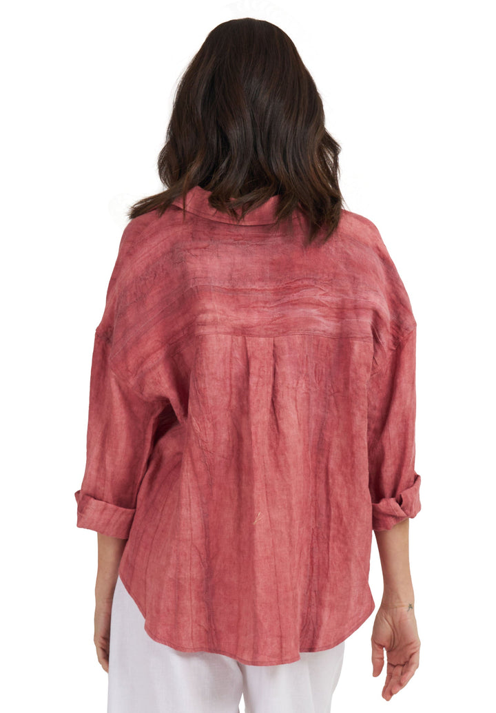 Exalina Washed Red Tie-Dye Crinkle Linen Shirt