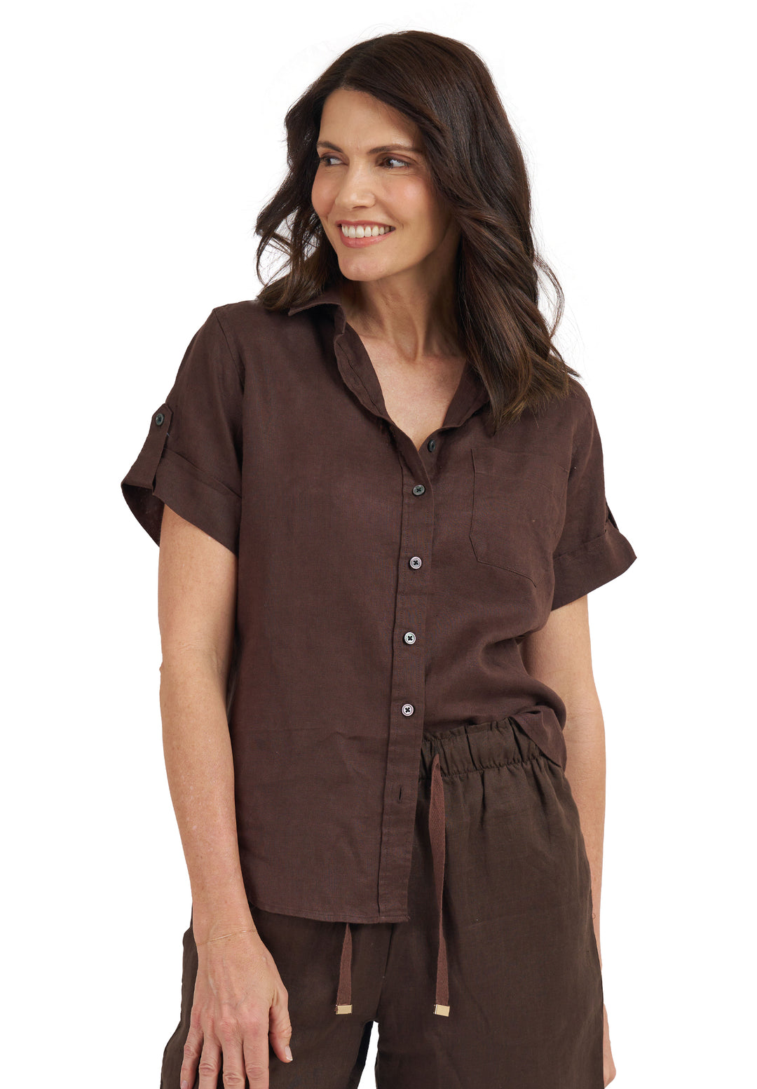 Febe-SS Coffee Linen Camp Shirt