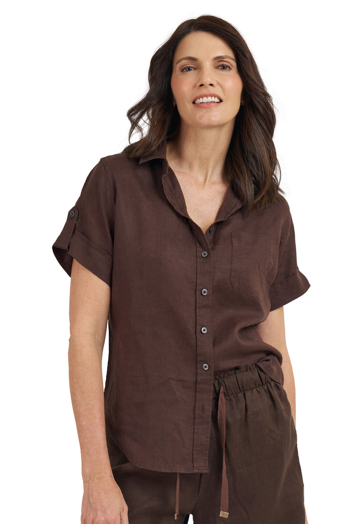 Febe-SS Coffee Linen Camp Shirt