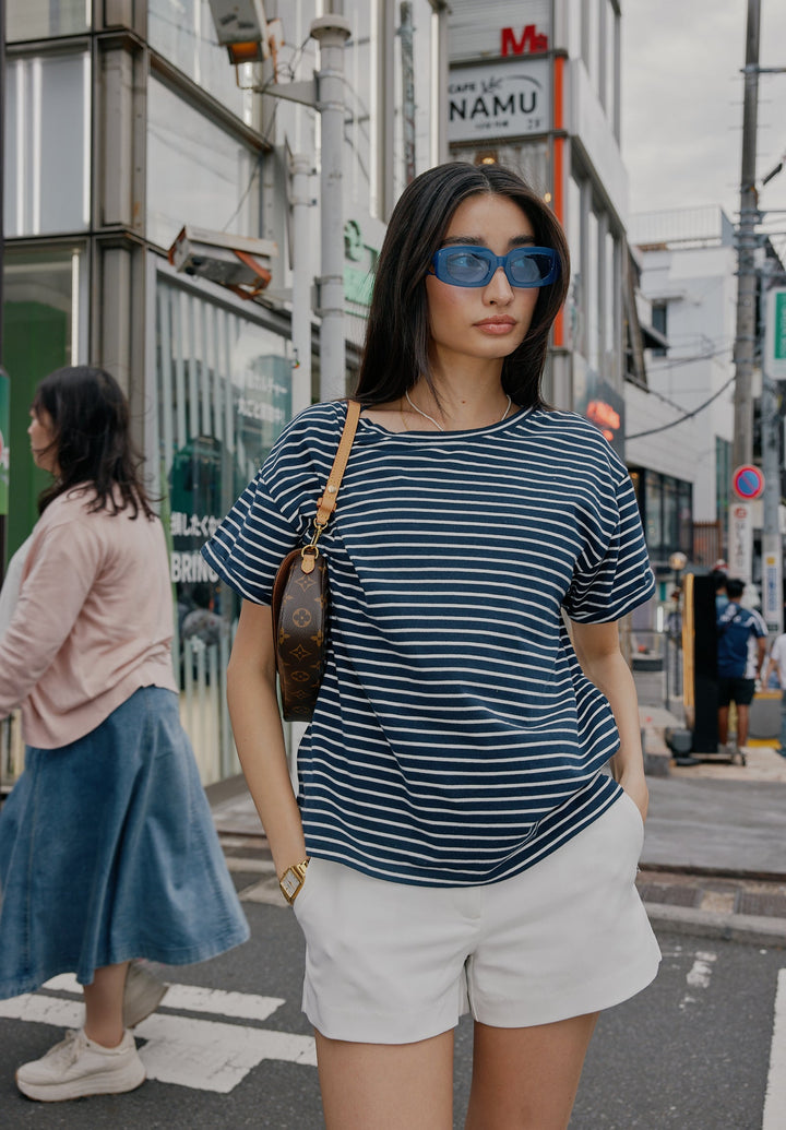 Francy Navy Stripes Rolled Sleeve T-Shirt