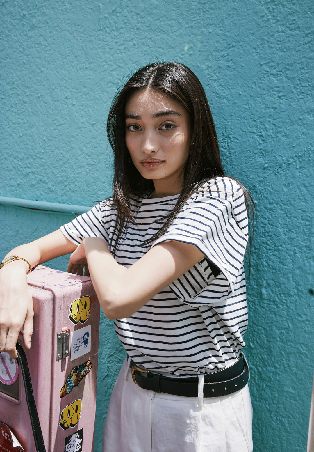 Francy White Navy Stripes Rolled Sleeve T-Shirt