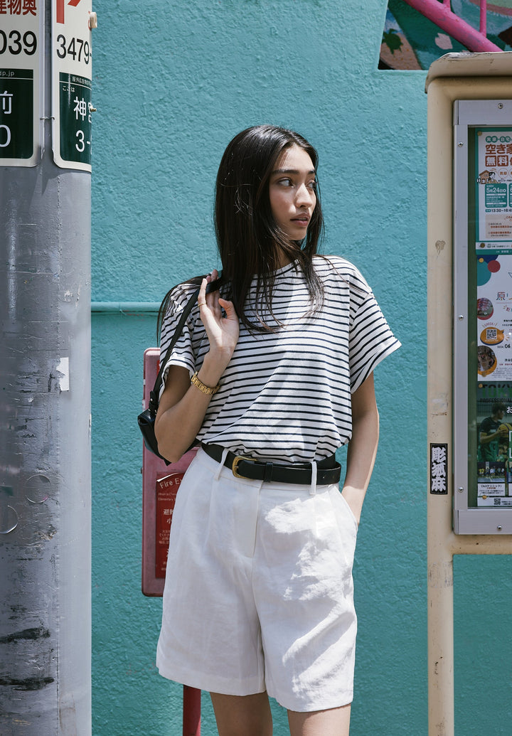 Francy White Navy Stripes Rolled Sleeve T-Shirt