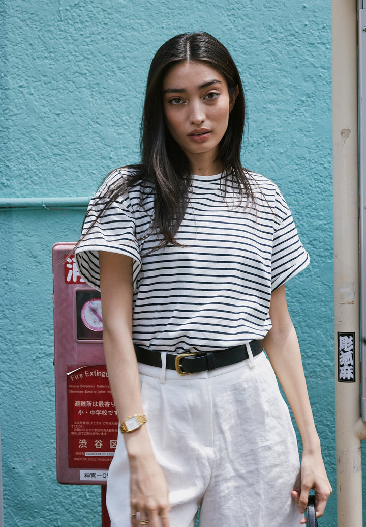 Francy White Navy Stripes Rolled Sleeve T-Shirt