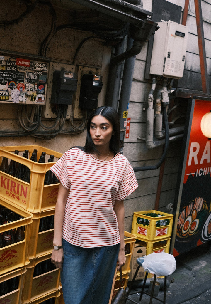 Francy Red Stripes Rolled Sleeve T-Shirt