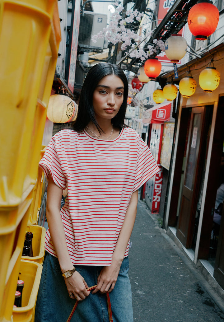 Francy Red Stripes Rolled Sleeve T-Shirt