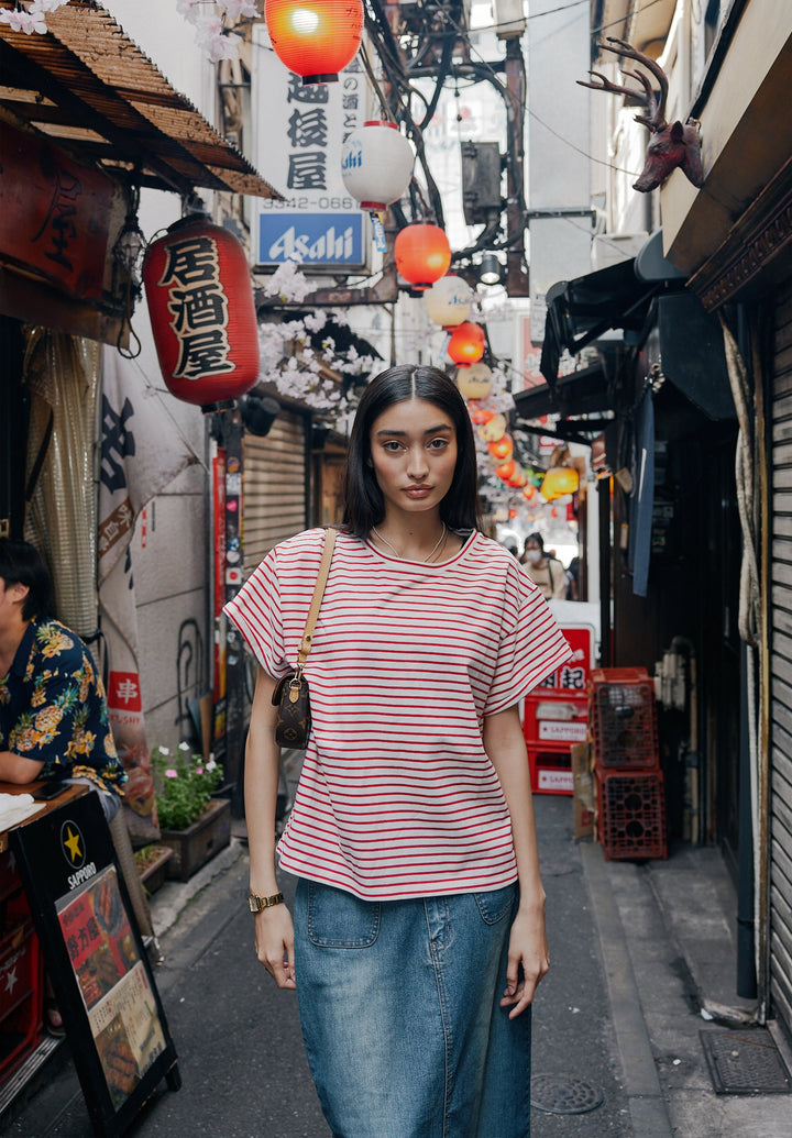 Francy Red Stripes Rolled Sleeve T-Shirt