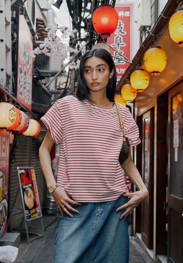 Francy Red Stripes Rolled Sleeve T-Shirt