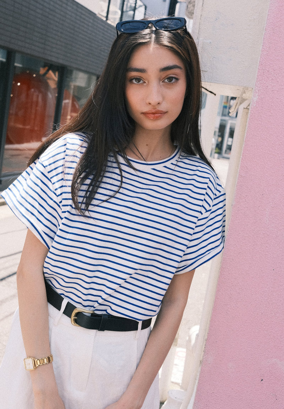 Francy Royal Blue Stripes Rolled Sleeve T-Shirt