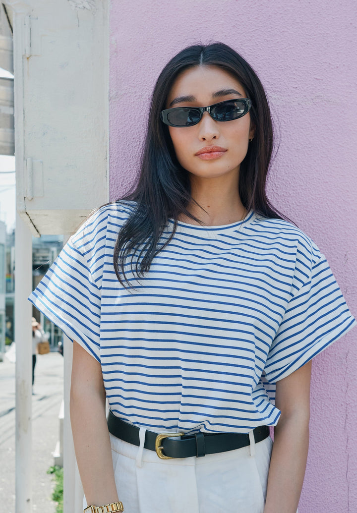 Francy Royal Blue Stripes Rolled Sleeve T-Shirt