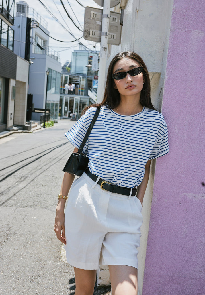 Francy Royal Blue Stripes Rolled Sleeve T-Shirt