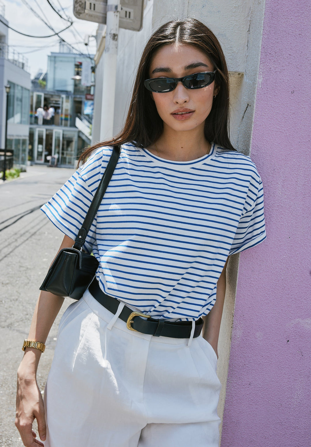 Francy Royal Blue Stripes Rolled Sleeve T-Shirt