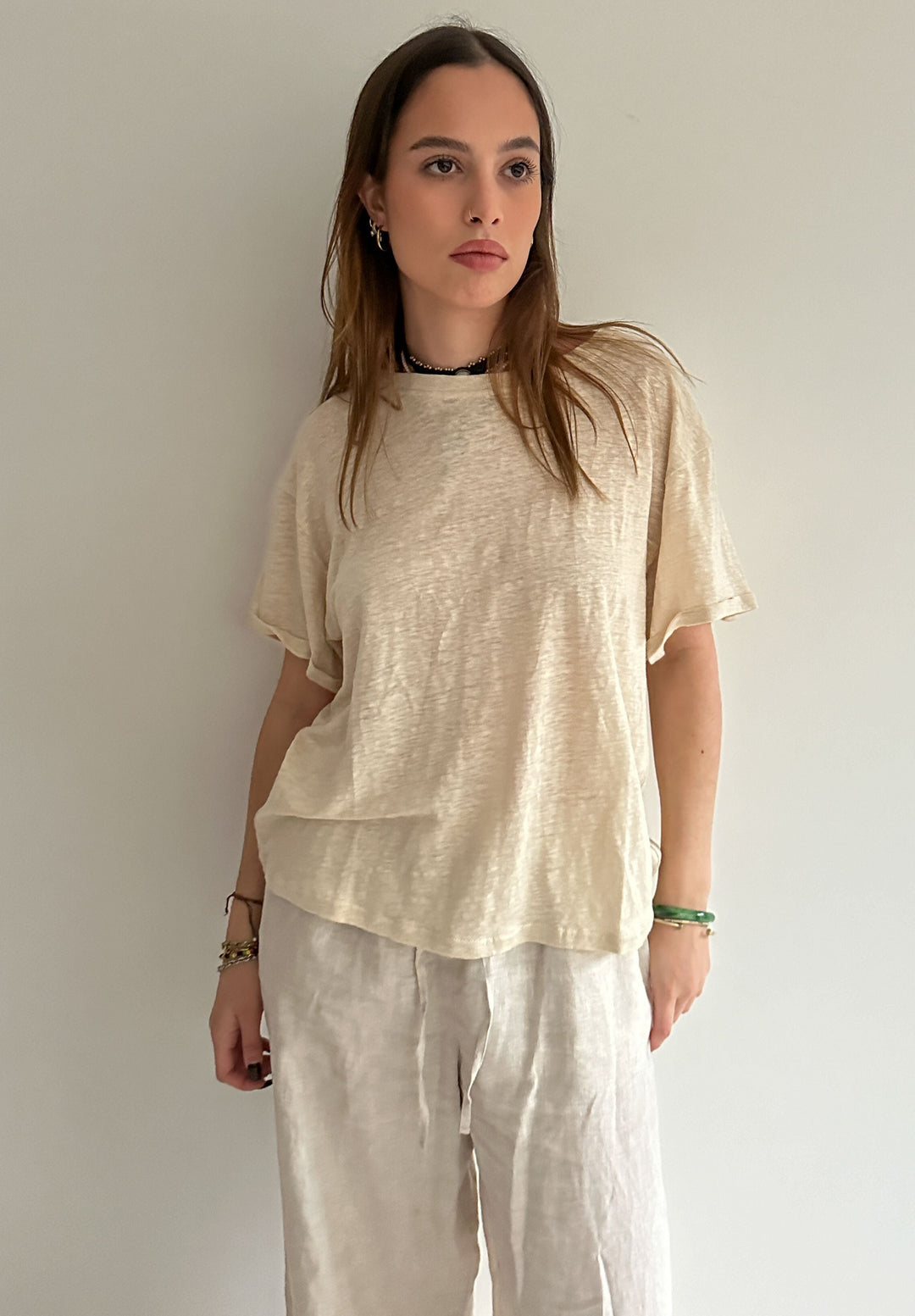 Francy-Linen Natural Rolled Sleeve T-Shirt