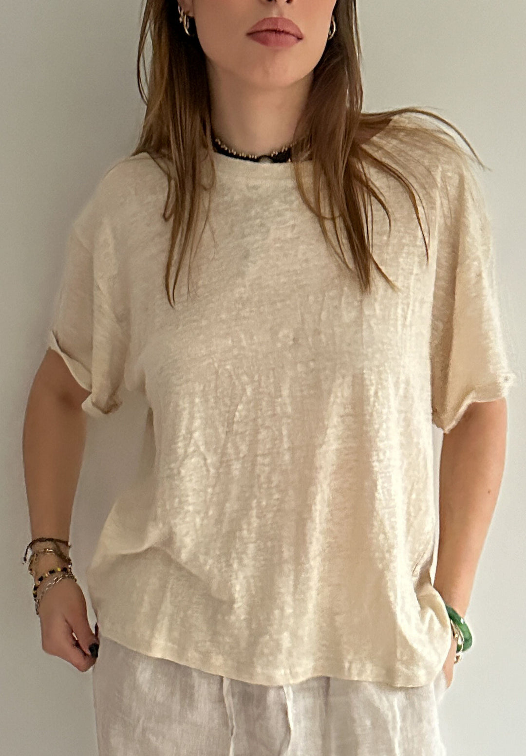 Francy-Linen Natural Rolled Sleeve T-Shirt