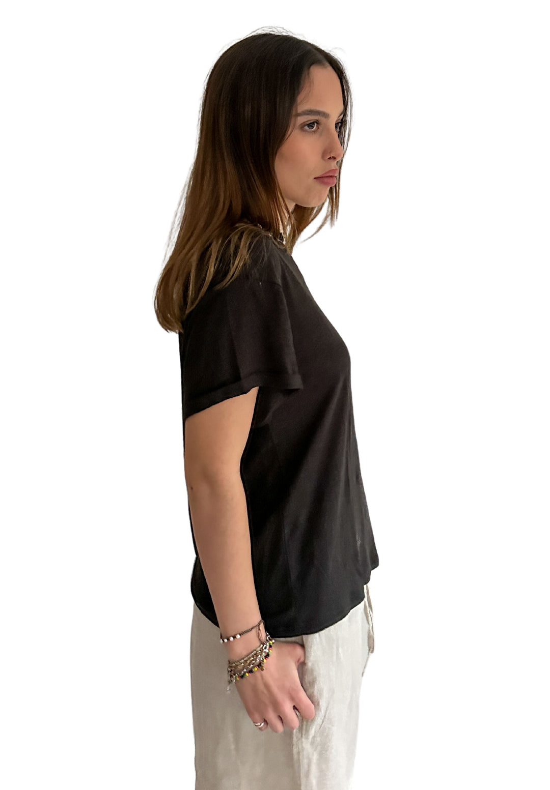 Francy-Linen Black Rolled Sleeve T-Shirt