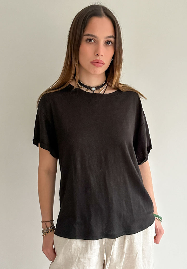 Francy-Linen Black Rolled Sleeve T-Shirt