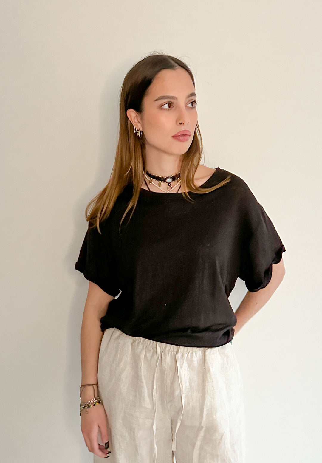 Francy-Linen Black Rolled Sleeve T-Shirt