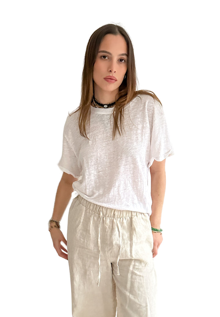 Francy-Linen White Rolled Sleeve T-Shirt