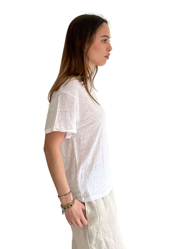 Francy-Linen White Rolled Sleeve T-Shirt