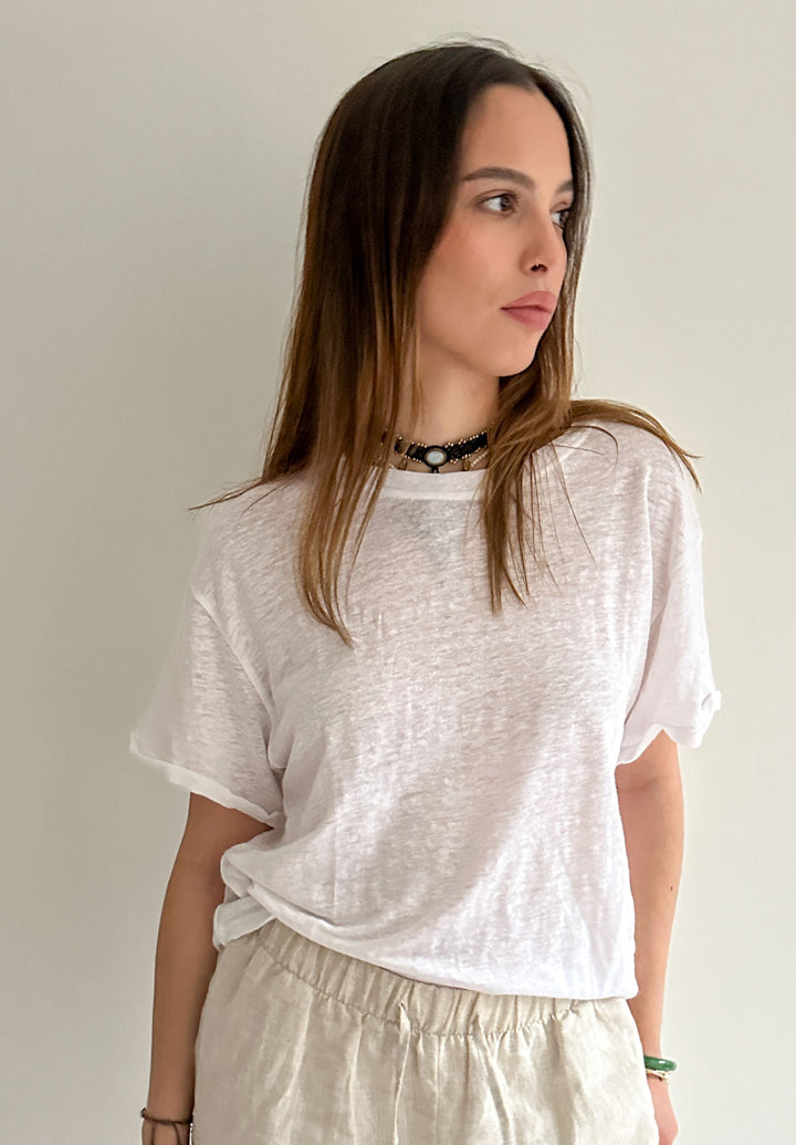 Francy-Linen White Rolled Sleeve T-Shirt