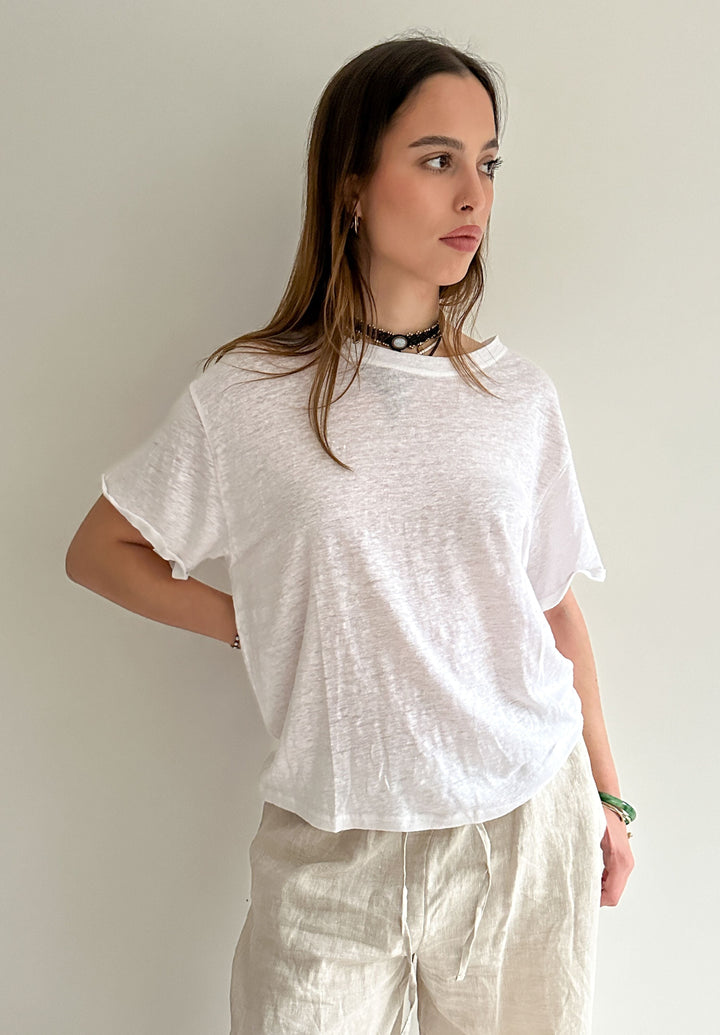 Francy-Linen White Rolled Sleeve T-Shirt