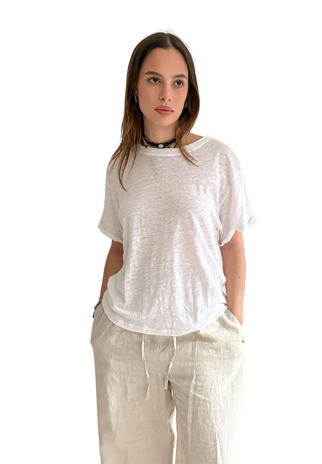 Francy-Linen White Rolled Sleeve T-Shirt