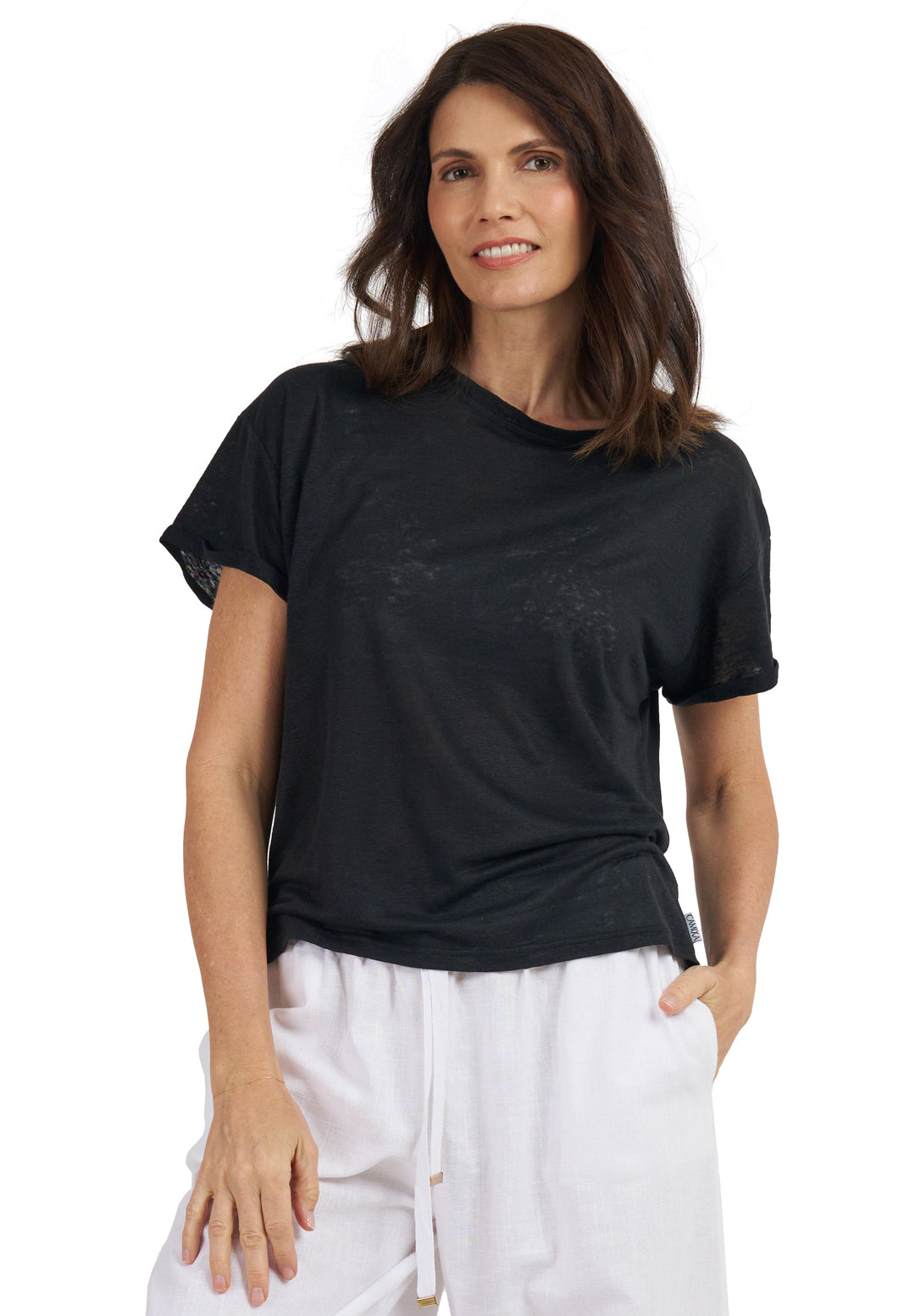 Francy-Linen Black Rolled Sleeve T-Shirt