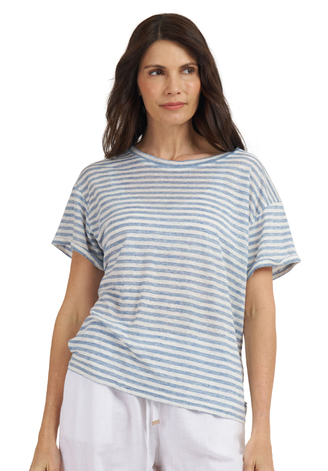 Francy-Linen Denim Stripes Rolled Sleeve T-Shirt