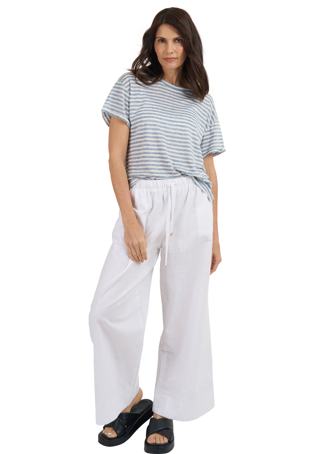 Francy-Linen Denim Stripes Rolled Sleeve T-Shirt