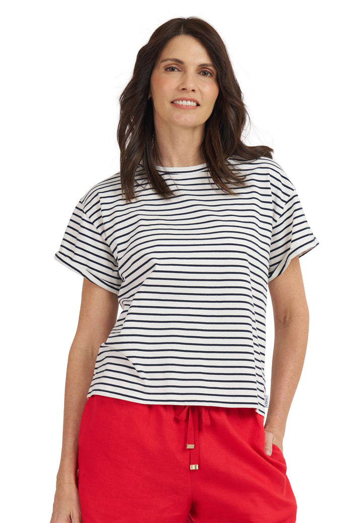 Francy White Navy Stripes Rolled Sleeve T-Shirt