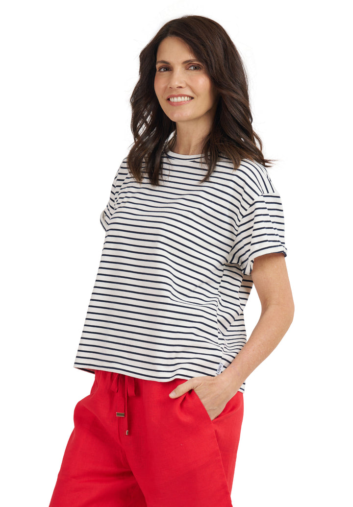 Francy White Navy Stripes Rolled Sleeve T-Shirt