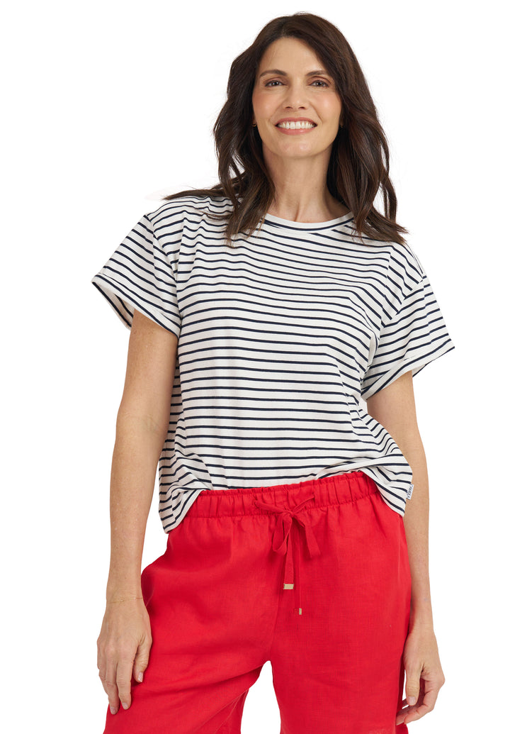 Francy White Navy Stripes Rolled Sleeve T-Shirt