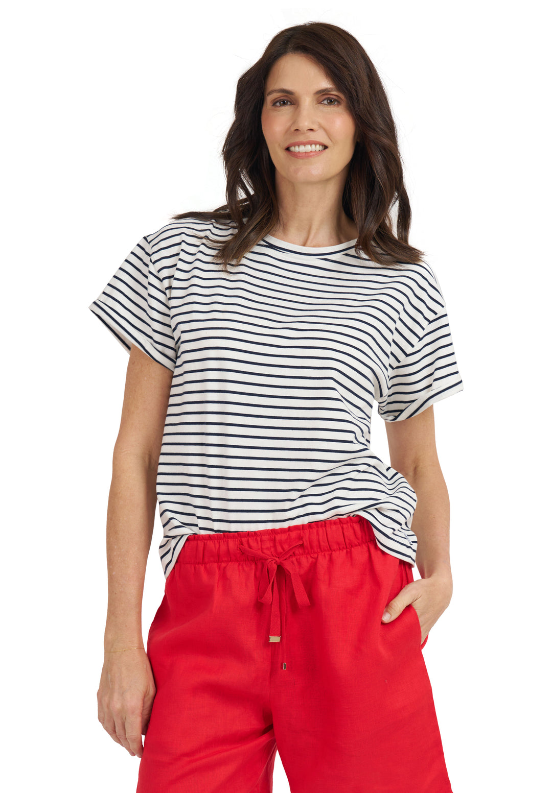 Francy White Navy Stripes Rolled Sleeve T-Shirt