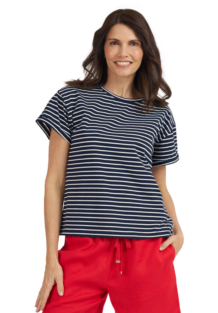 Francy Navy Stripes Rolled Sleeve T-Shirt