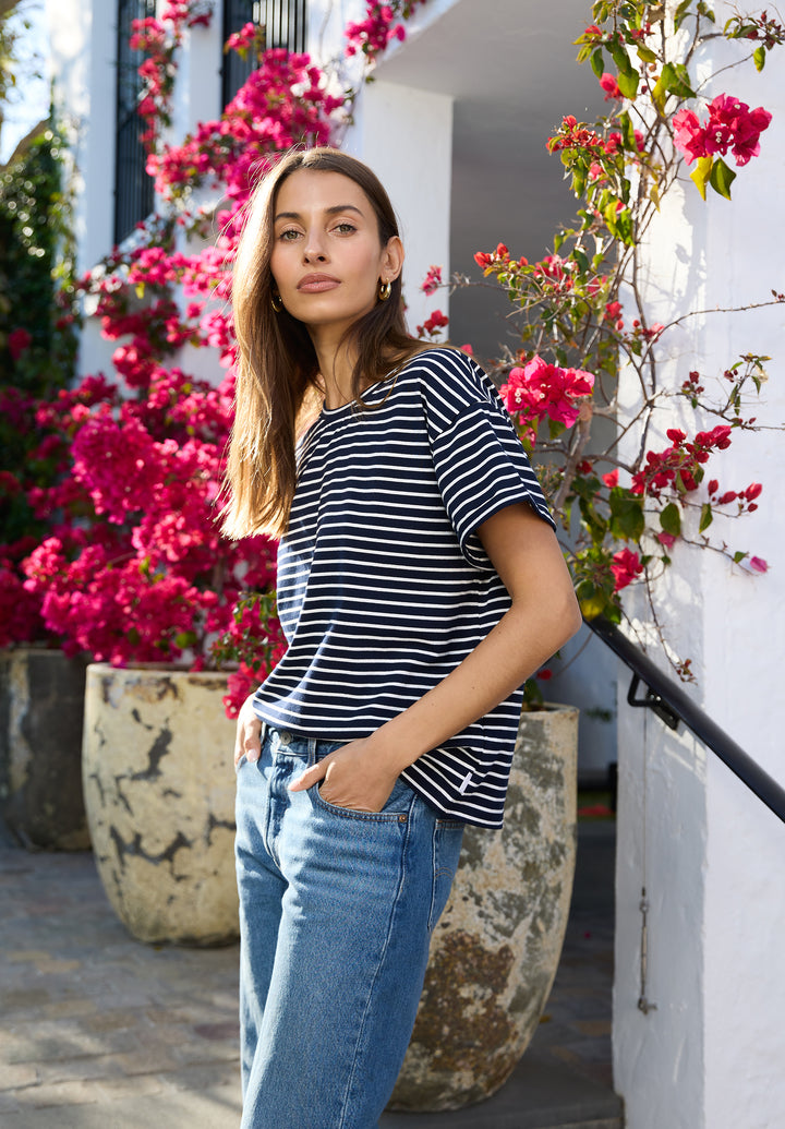 Francy Navy Stripes Rolled Sleeve T-Shirt