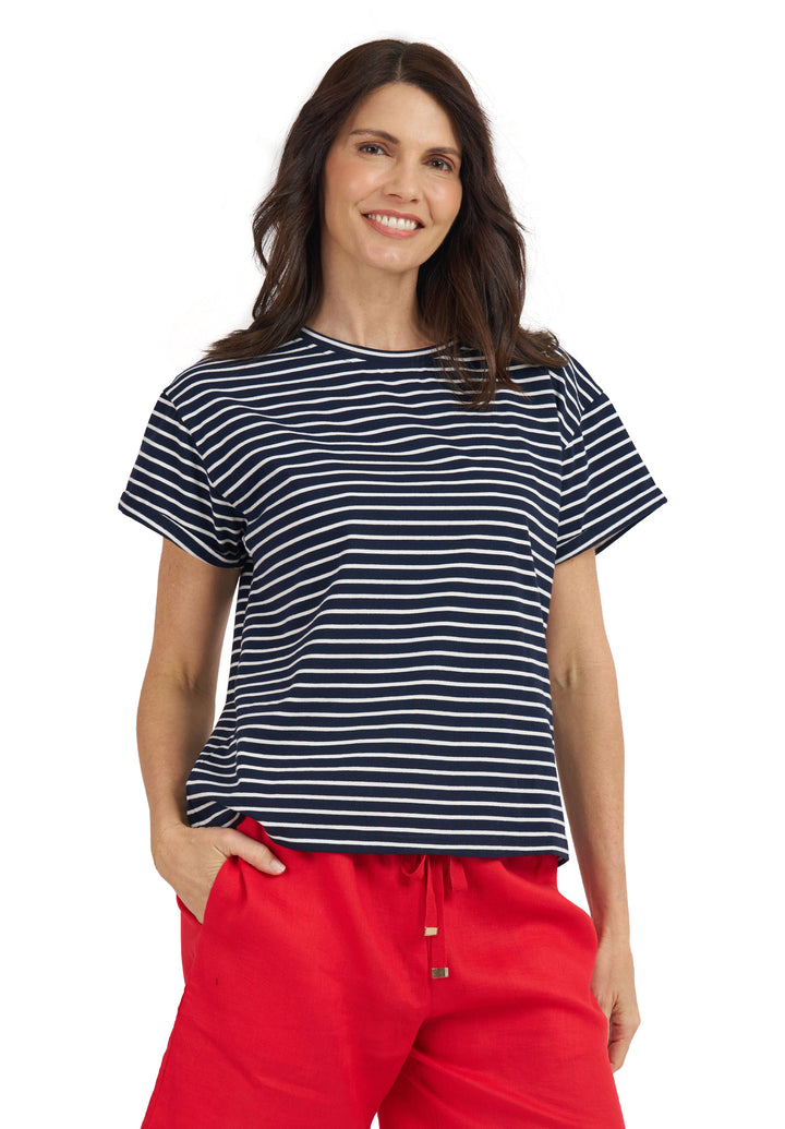 Francy Navy Stripes Rolled Sleeve T-Shirt